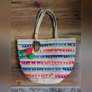 AMERICA & BEYOND bright Colourful Multicolor Pom Pom Tote Bag Beach Vacation